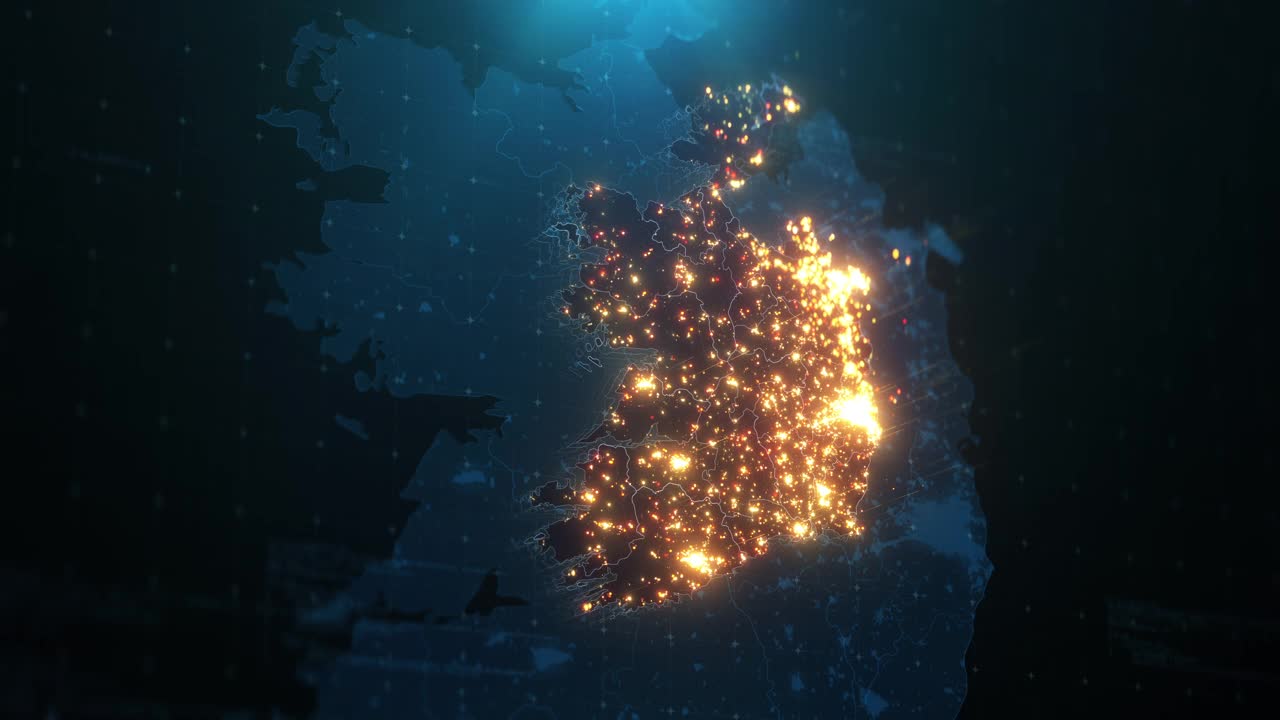 爱尔兰城市灯光照明的夜晚地图视频素材