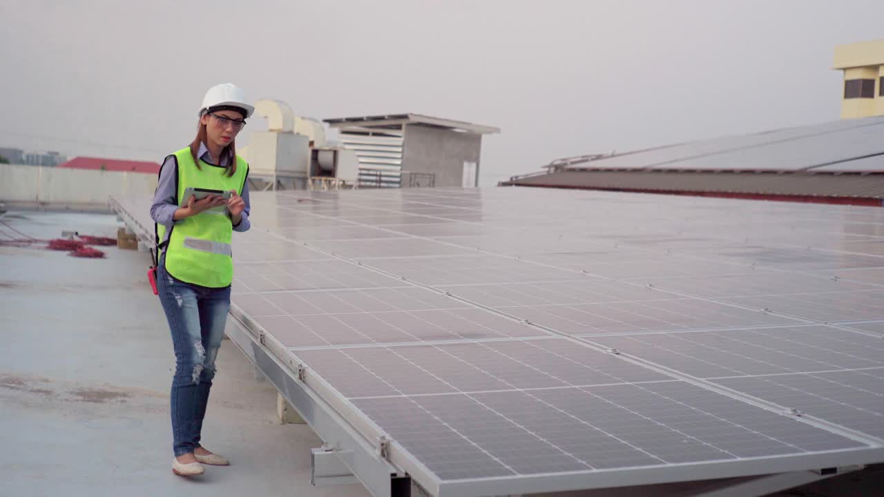 在太阳能电池板厂工作的亚洲女工程师视频素材