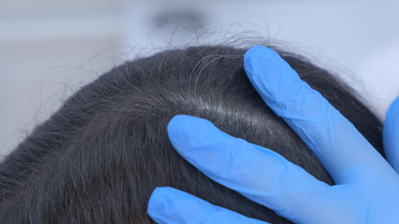 毛发医师在门诊用皮镜检查女病人的毛发。视频下载
