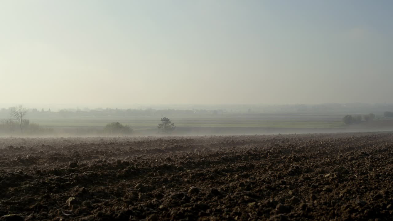 农民在被雾覆盖的土地上检查土壤视频素材