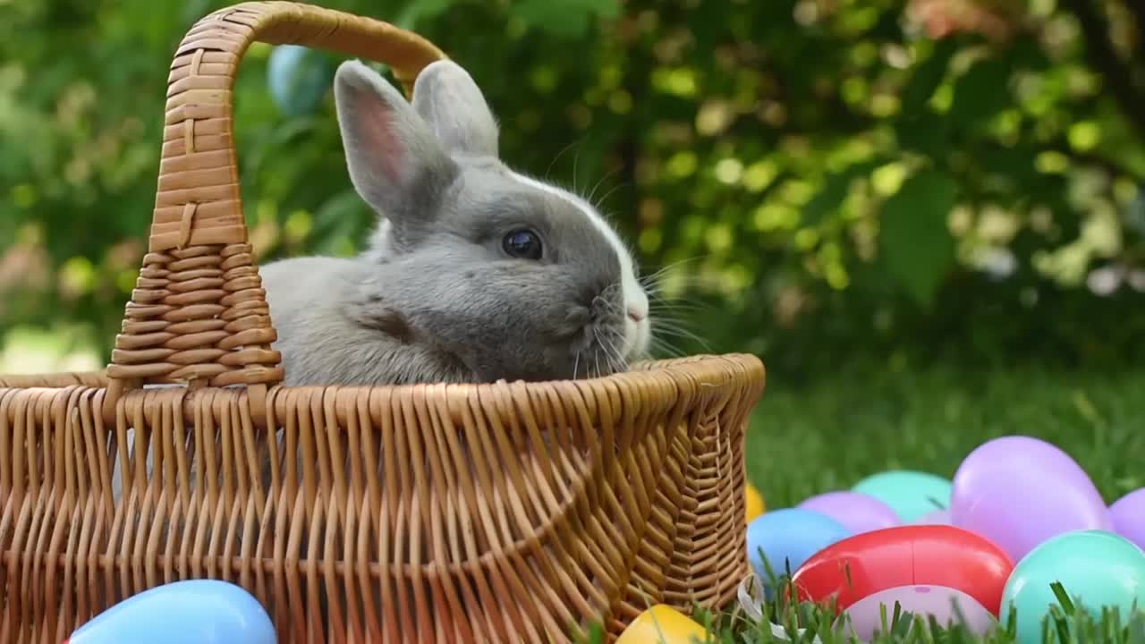 篮子里有复活节兔子和鸡蛋。春天，兔子和复活节彩蛋在草地上的绿草地上视频下载