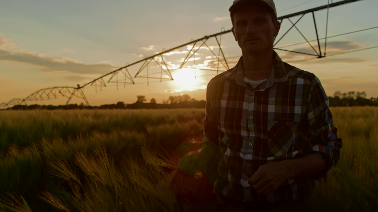 戴着帽子的农民走过灌溉的麦田视频素材