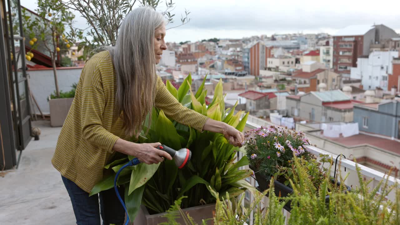 妇女照顾家庭甲板上的盆栽植物视频素材