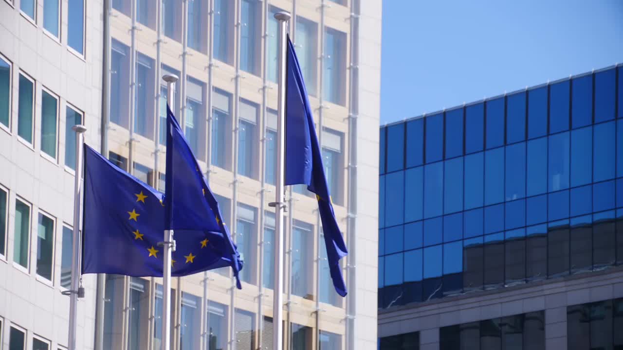 布鲁塞尔欧盟区的欧洲国旗视频素材