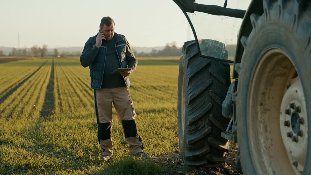 一个成熟的农民一边在拖拉机旁看平板电脑，一边打电话视频素材