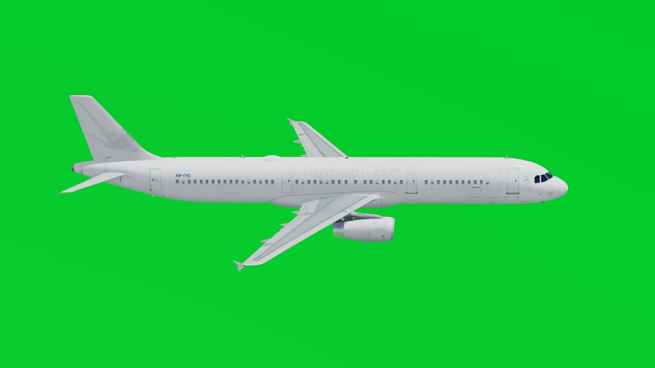 飞机飞行在绿色屏幕背景，侧视图，色度键，孤立背景视频下载