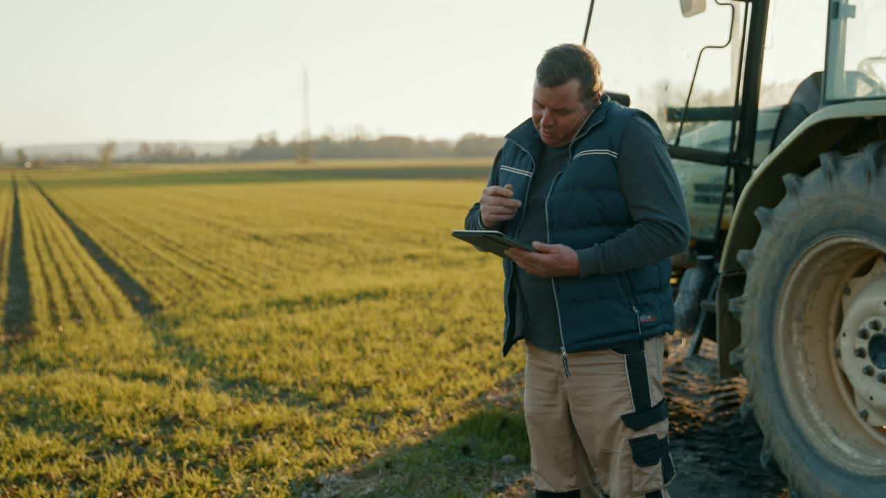 成年农民在田间使用数字平板电脑时打电话视频素材
