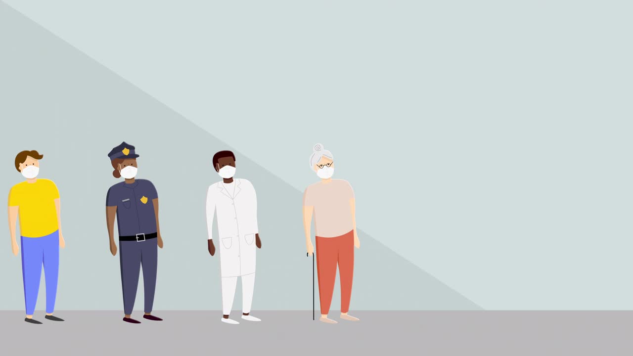 不同的人戴着防护口罩接种疫苗的动画视频素材