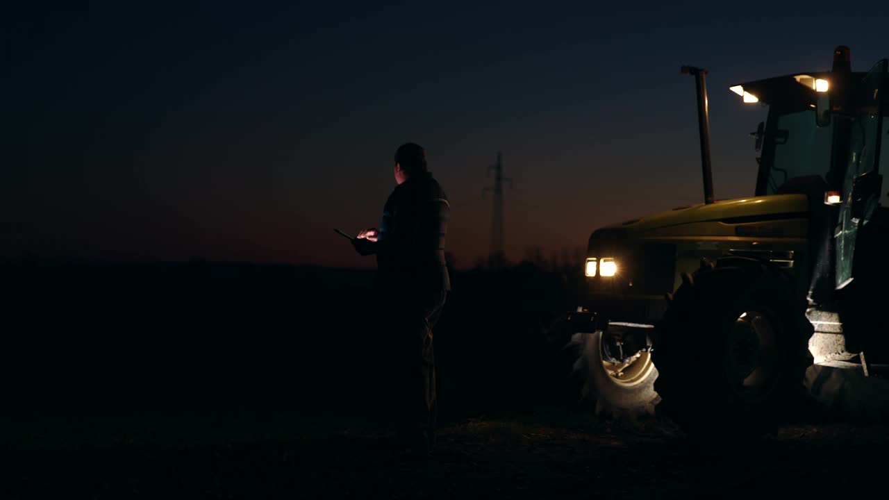 晚上在拖拉机旁使用智能手机的农民视频素材