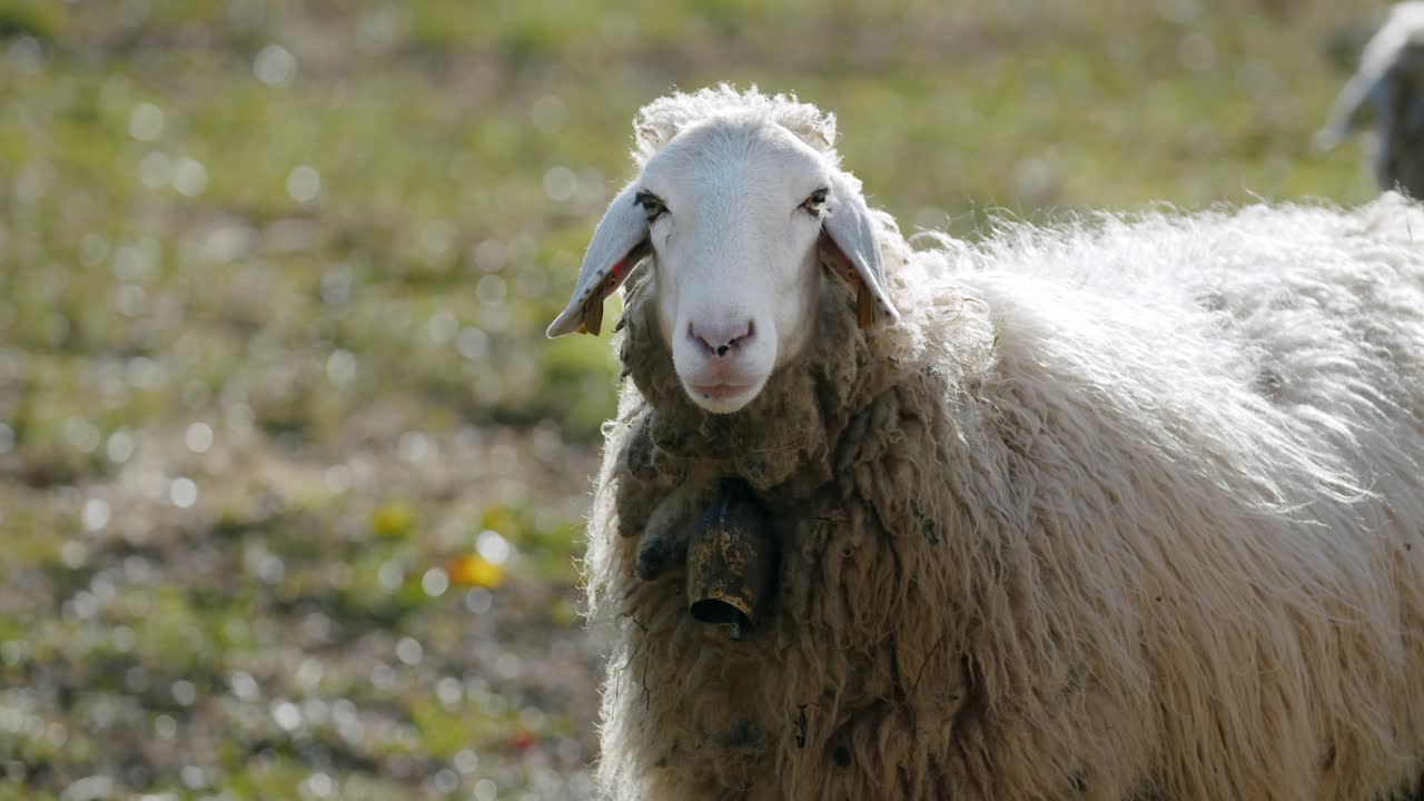 一只羊看着摄像机，慢镜头里咀嚼着视频素材