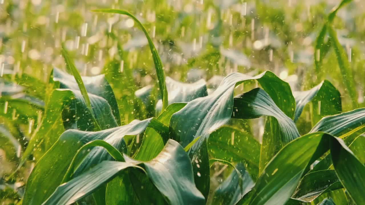 农园玉米叶上的水珠被水浸出视频素材