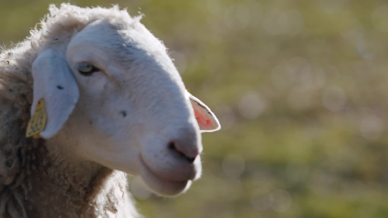 一只漂亮的成年绵羊在慢镜头中看着摄像机视频素材