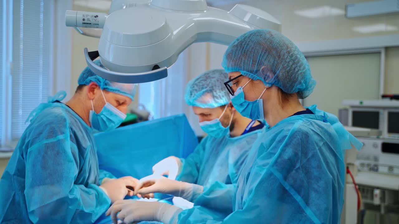 身穿蓝色制服，戴着面具的外科医生们。现代手术室的手术流程。手术室和经验丰富的外科医生挽救了病人的生命。视频素材