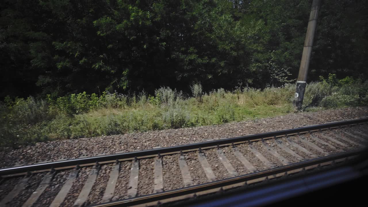 旅游列车旅行。高速行驶的火车窗外的夏日风景。快速移动的火车。视频素材