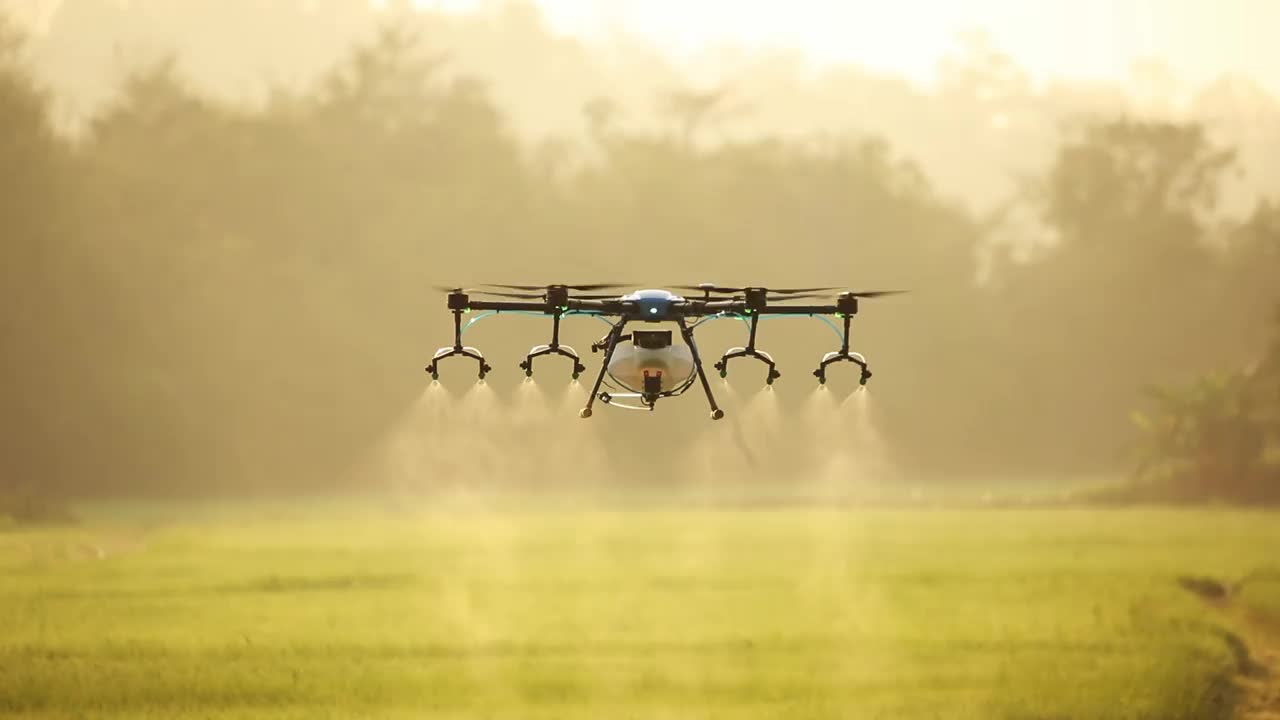 农业无人机在稻田里喷洒肥料。视频下载