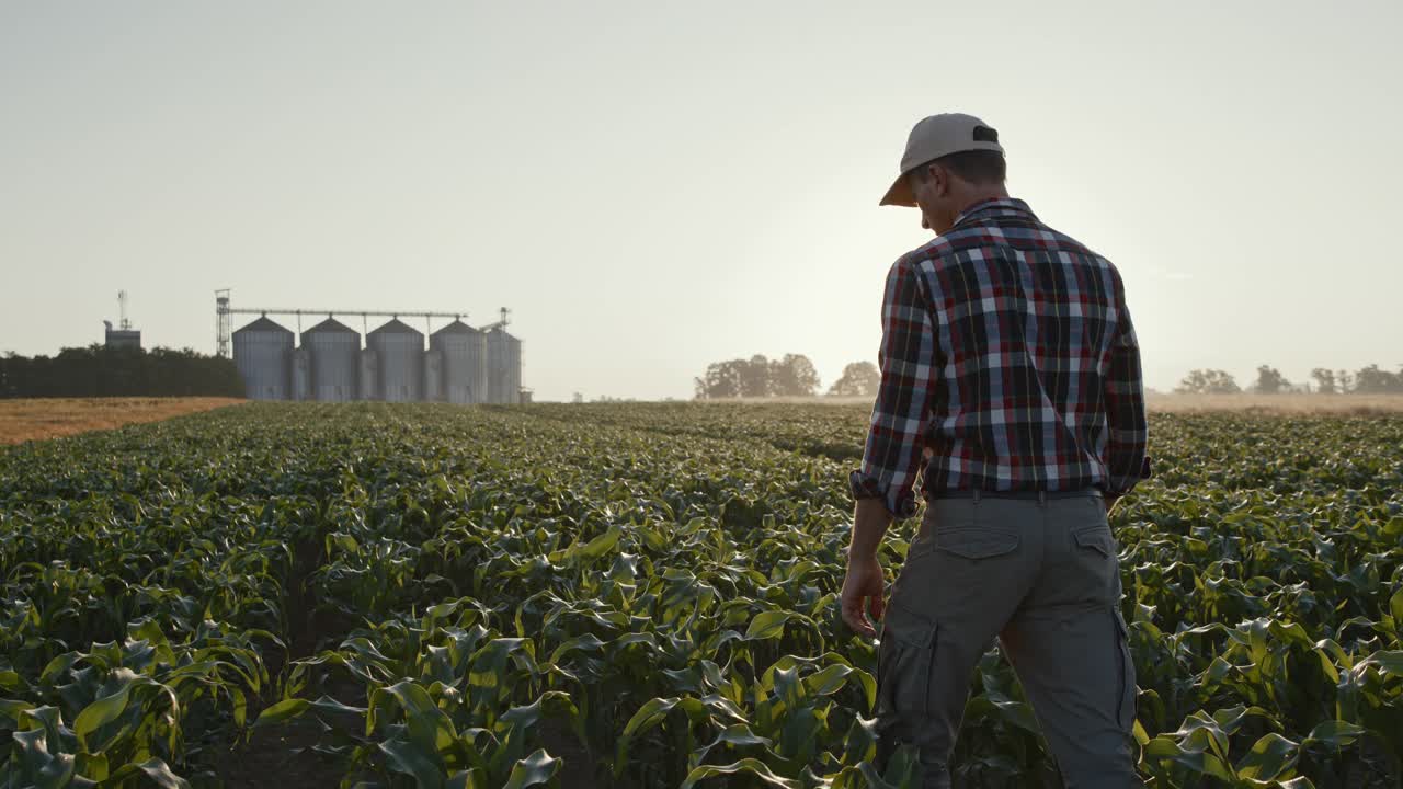 法默一边使用智能手机，一边在玉米地里行走，背景是谷仓视频下载