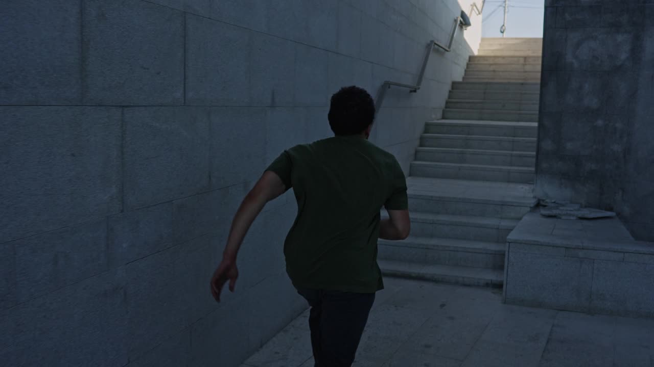 混合赛跑的年轻运动员，在进行跑酷训练时，在楼梯上跳过几个台阶视频下载
