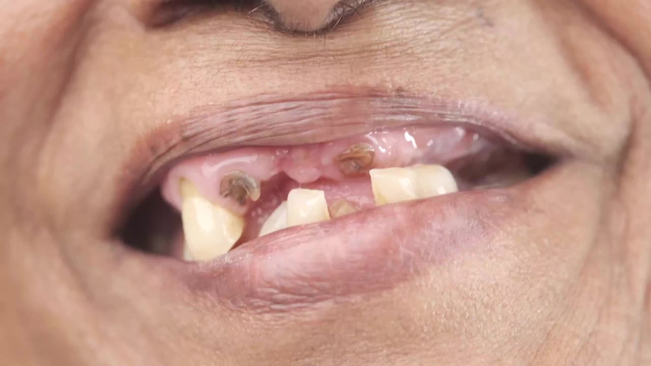 近距离观察老年妇女的龋齿和一些破碎的牙齿视频下载