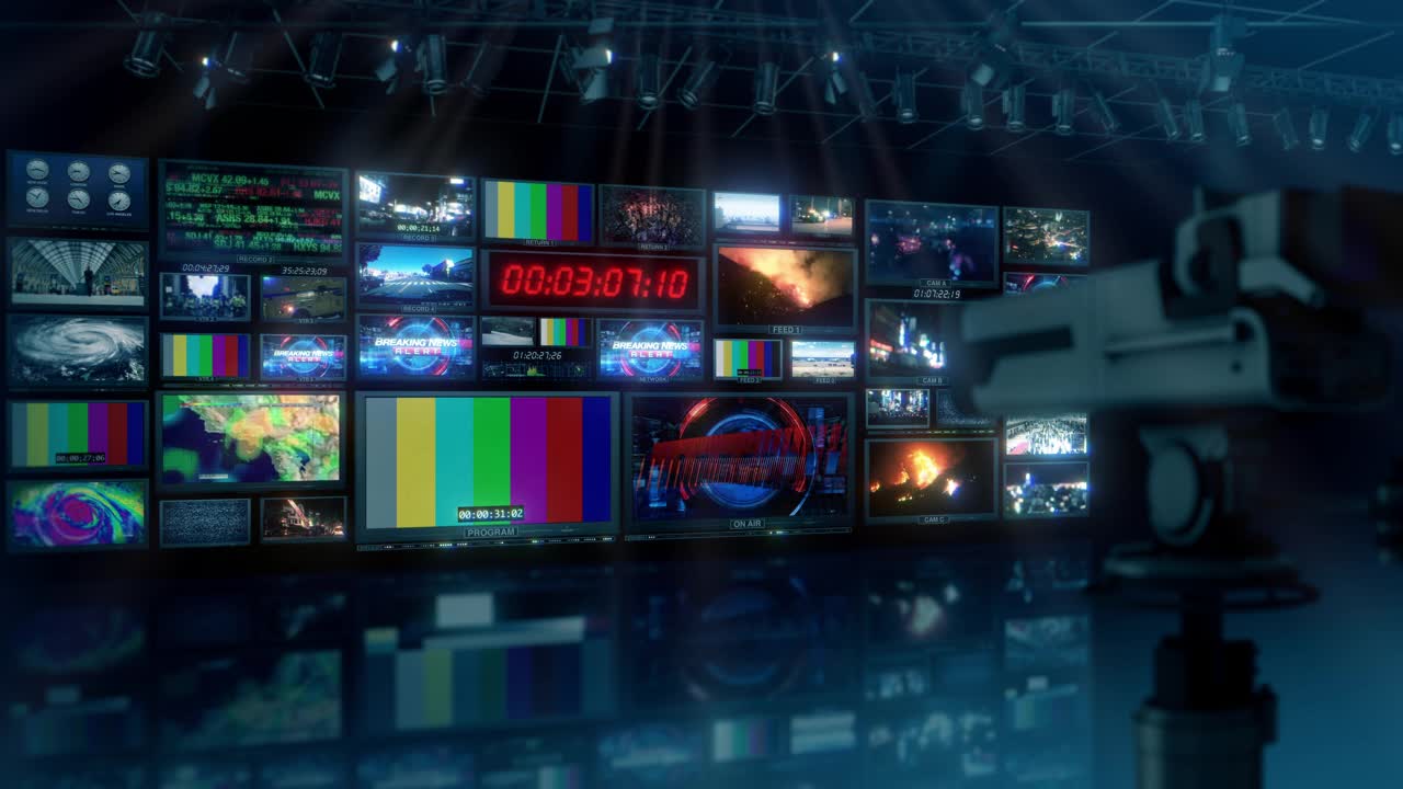 电视广播新闻工作室视频控制室屏幕-循环4K视频下载