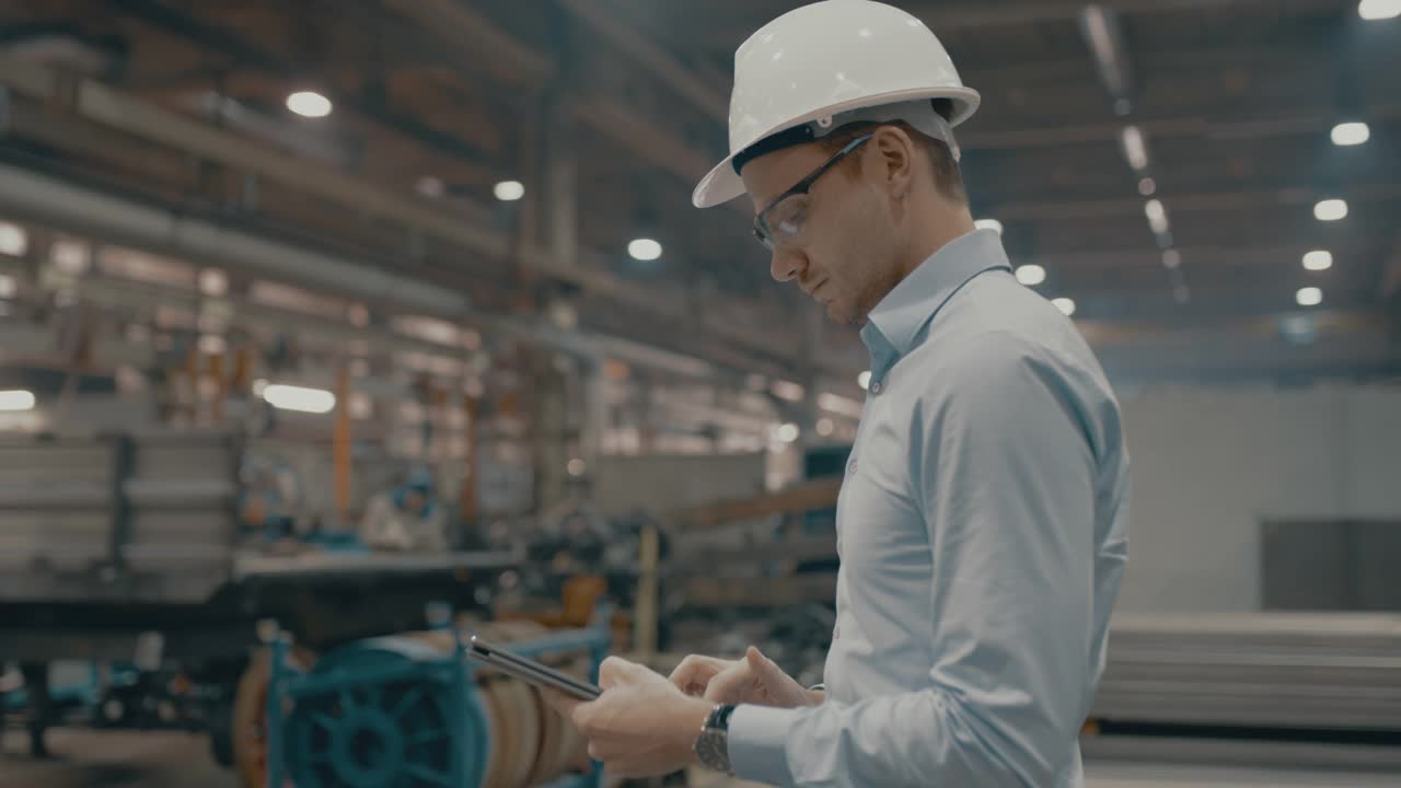 SLO MO员工在制造工厂使用数字平板电脑视频素材