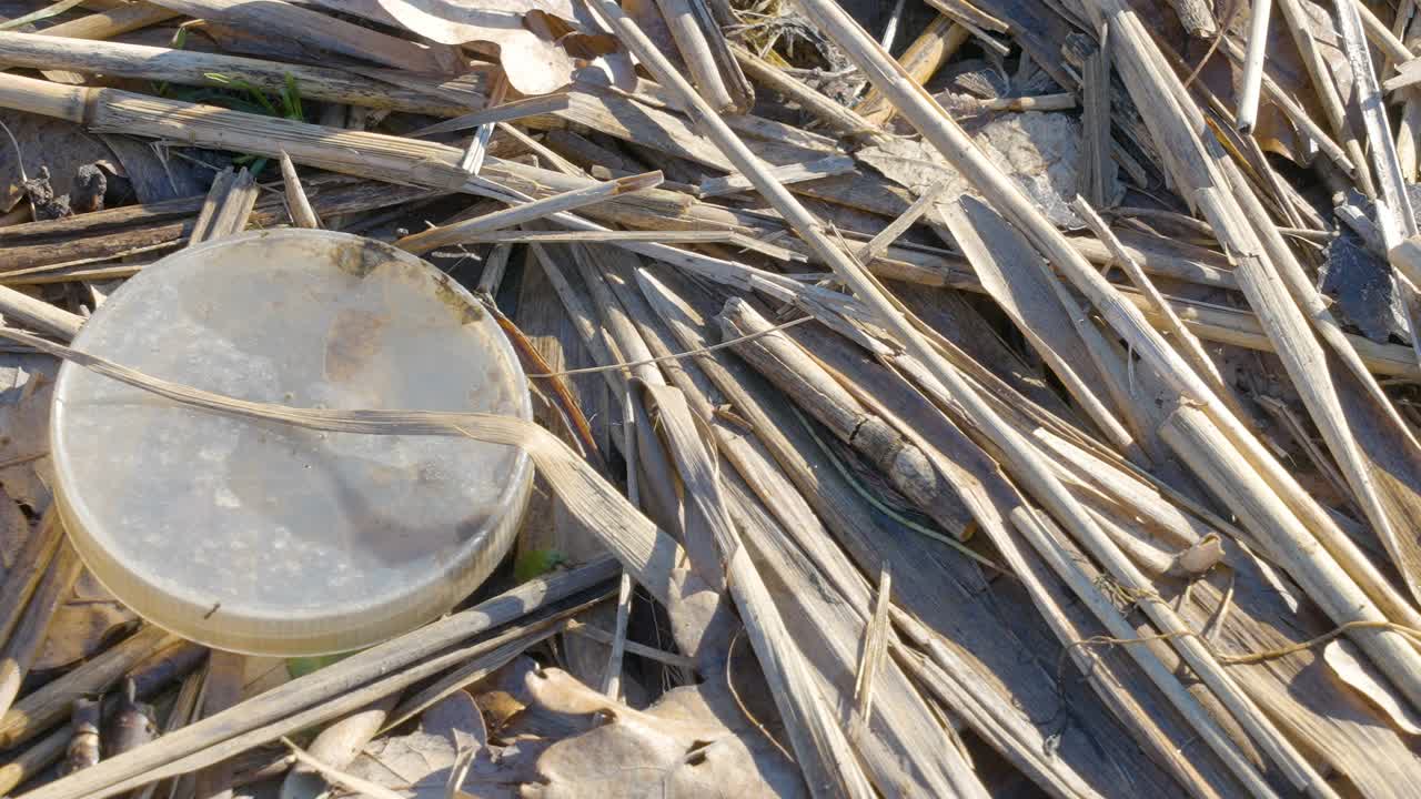 一个圆形的塑料垃圾放在了枯叶上视频素材
