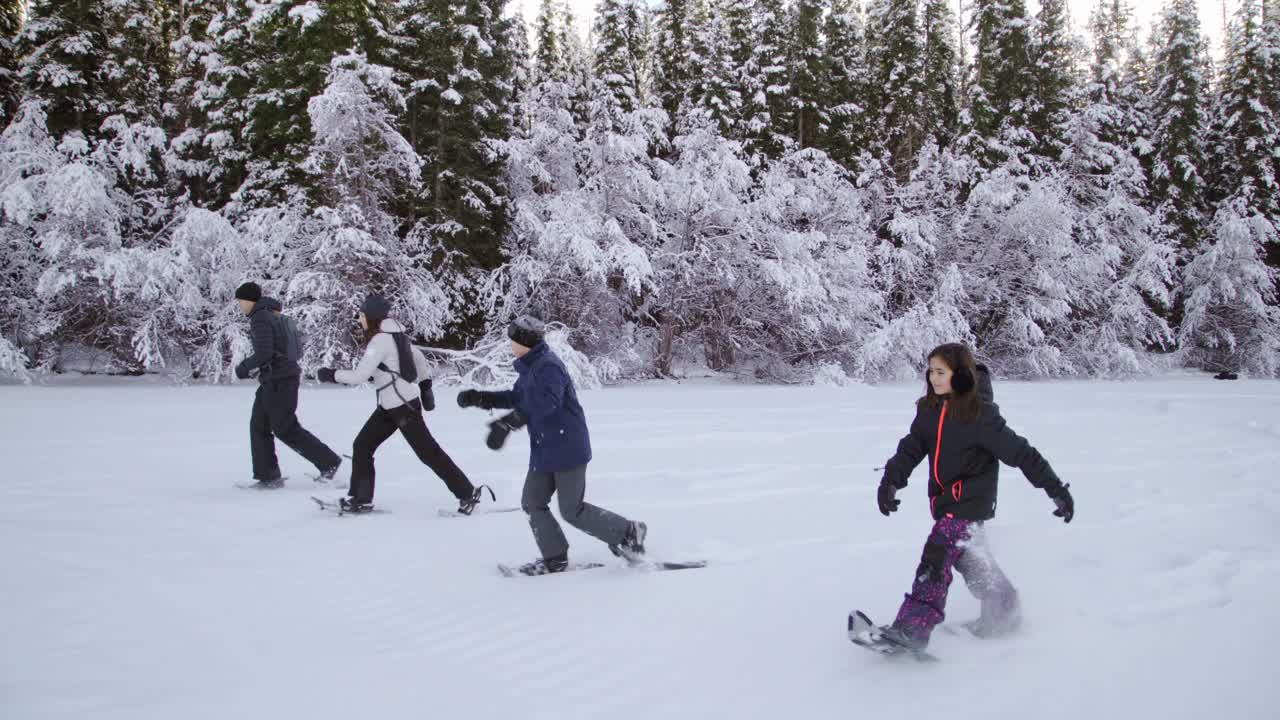一家人穿着雪鞋在野外奔跑视频素材