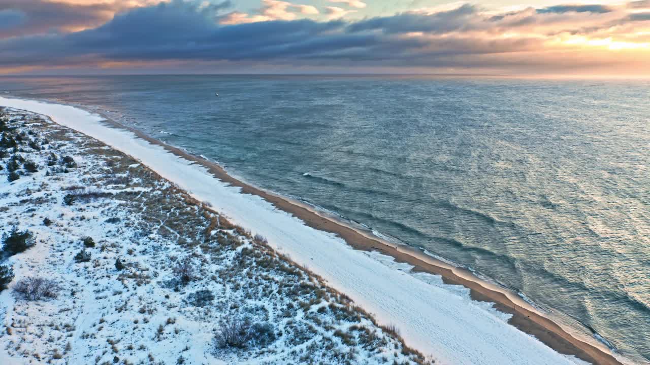 雪冥界半岛。波罗的海的冬天。鸟瞰图,波兰视频素材