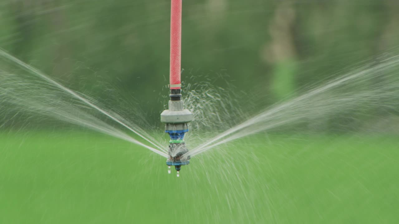 灌溉头从中心支点灌溉系统喷洒水在农田的苜蓿。视频素材