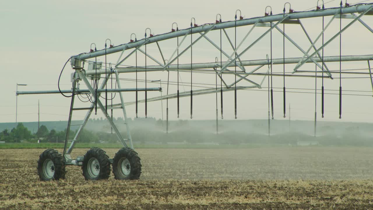 在新耕种的土豆地里安装支点灌溉系统。视频素材