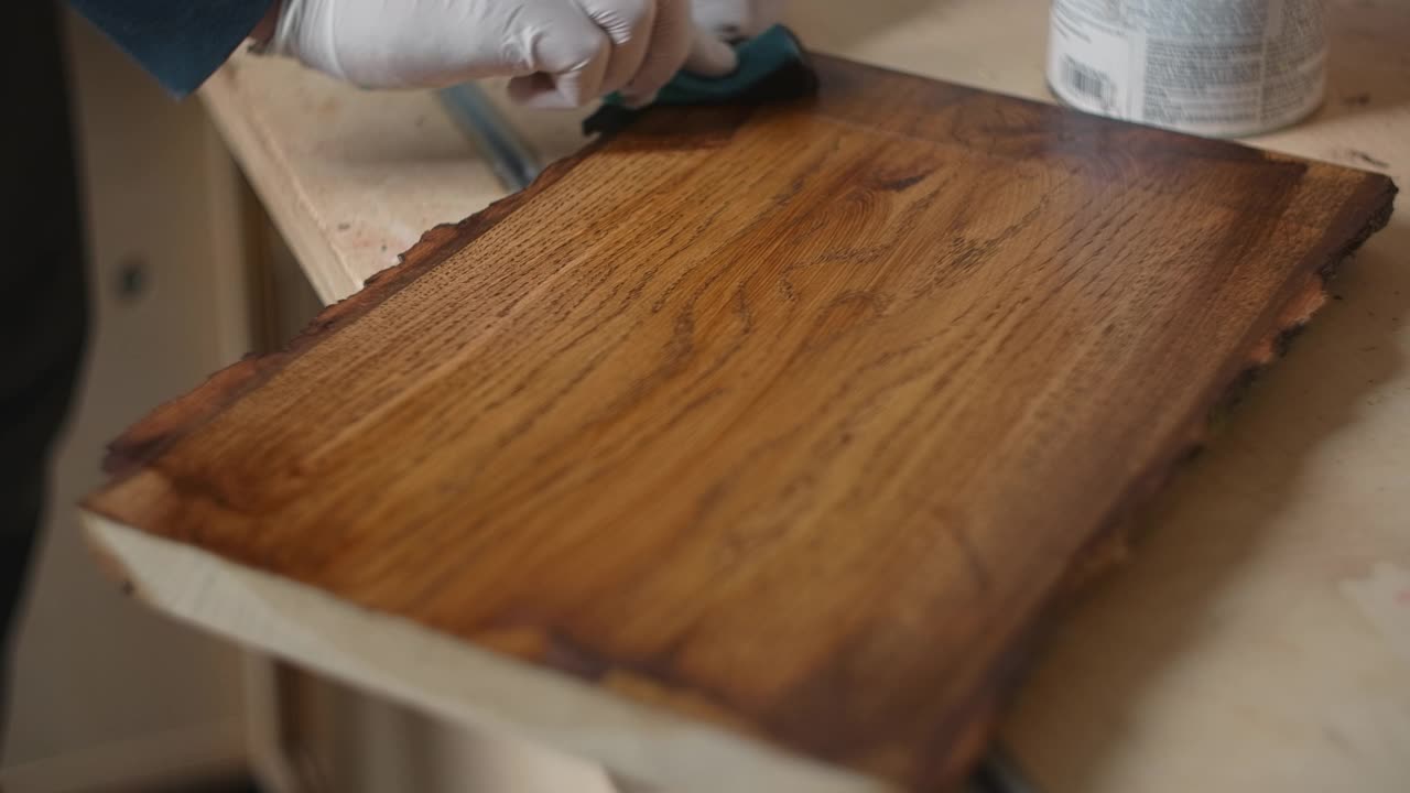 工匠对板材进行木材浸渍处理，木材表面涂以油、木着色、木材保护涂料、木制品油漆，4k 60p Prores 422 HQ 10bit视频素材