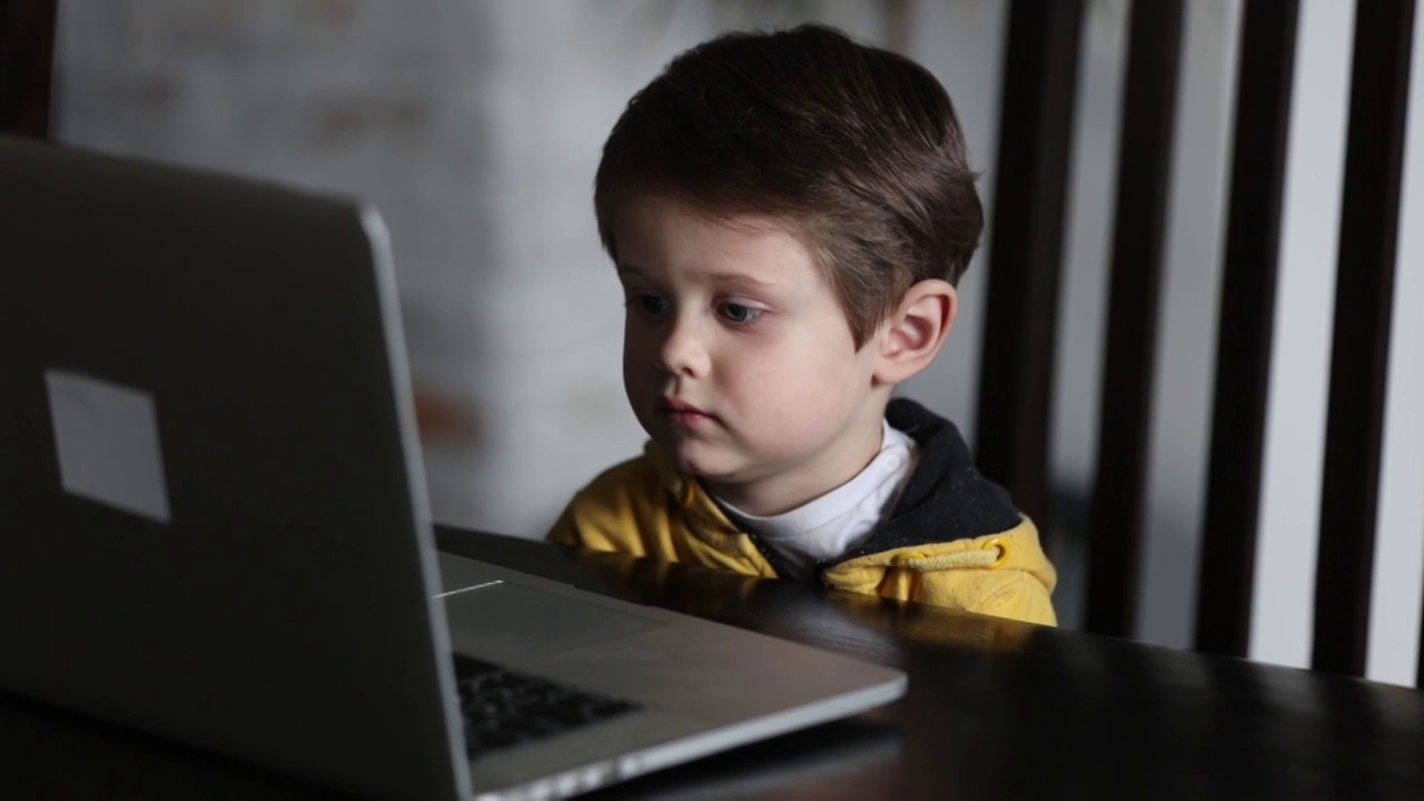 蹒跚学步的孩子坐在家里的桌子上看笔记本电脑视频素材