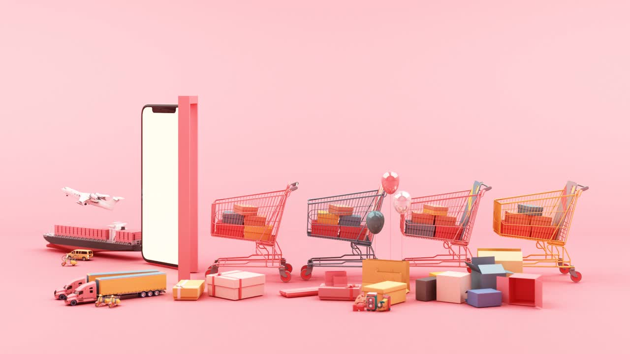 移动电商概念线上订购与购物车和许多盒子在粉红色的背景3d动画循环视频购买