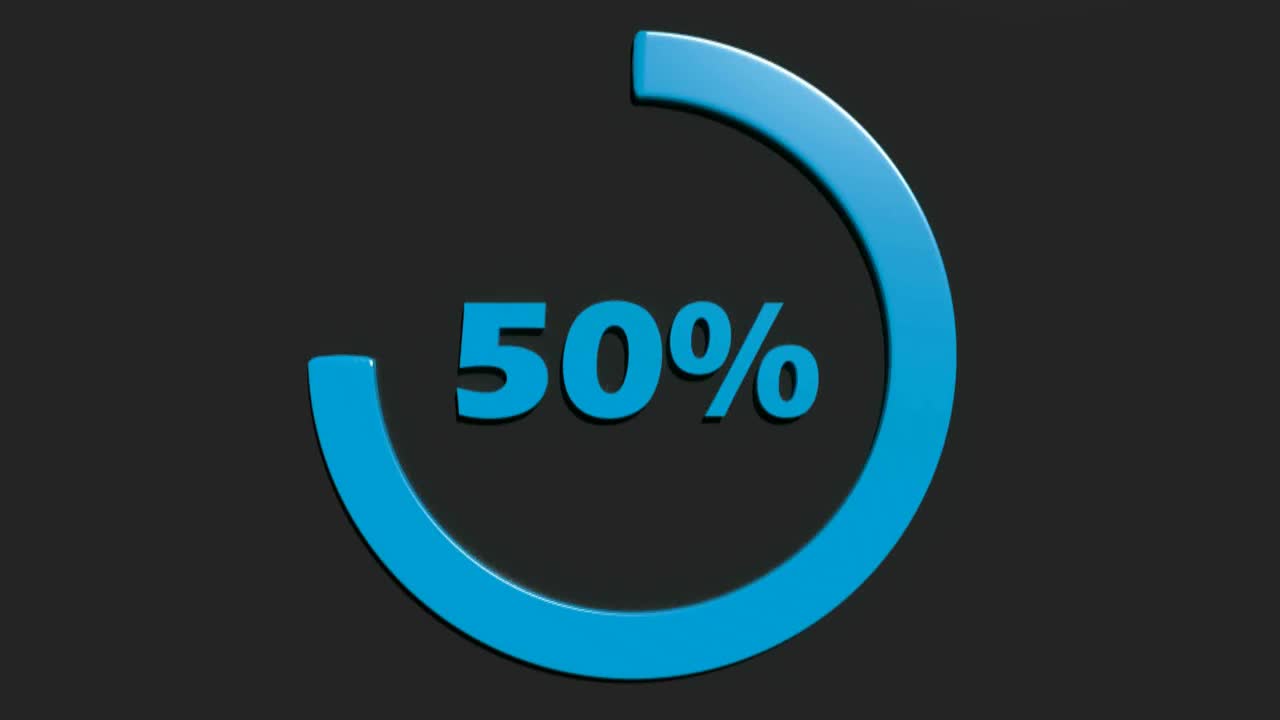 蓝色50%旋转圆形标志在黑色的背景- 3D渲染视频剪辑动画视频素材