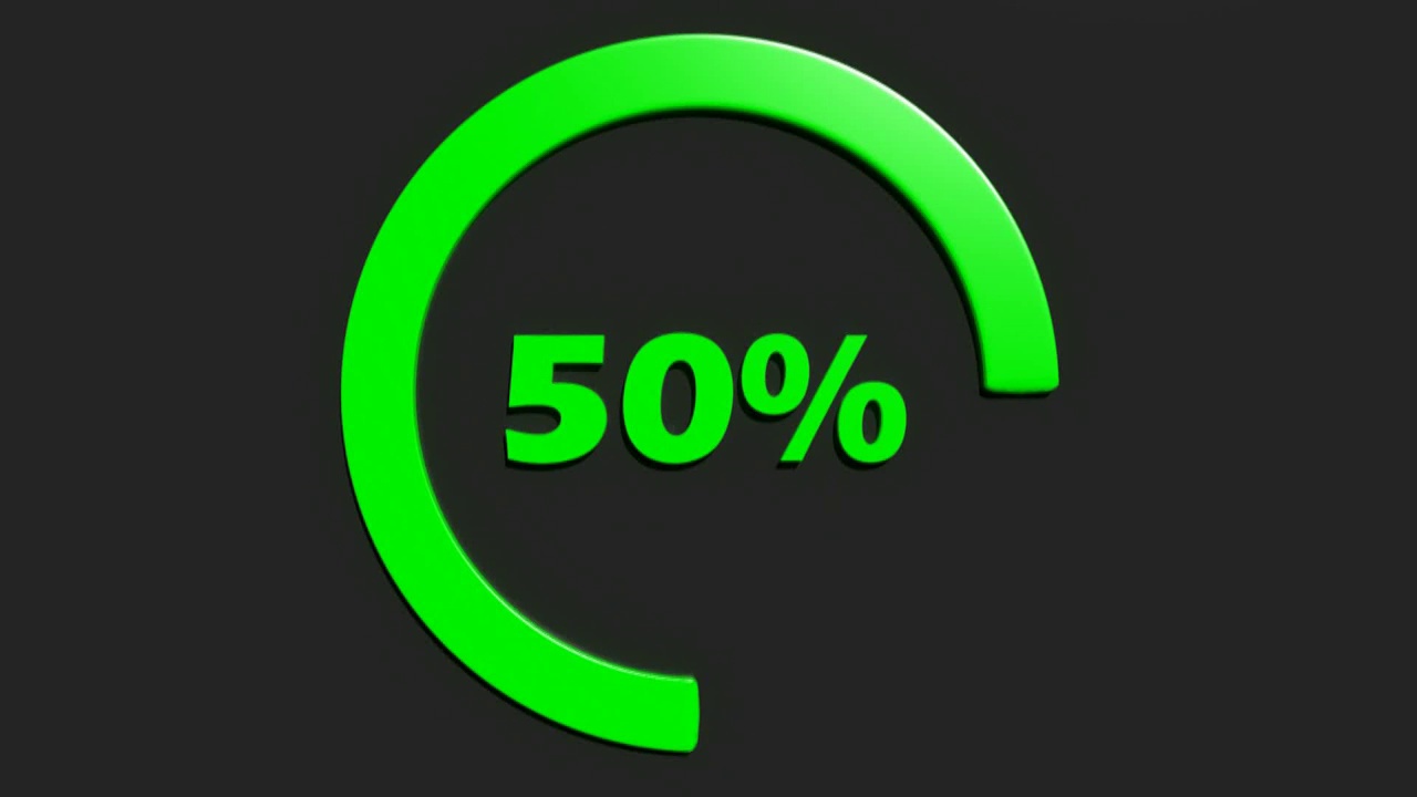 绿色50%旋转圆形标志黑色背景- 3D渲染视频剪辑动画视频素材