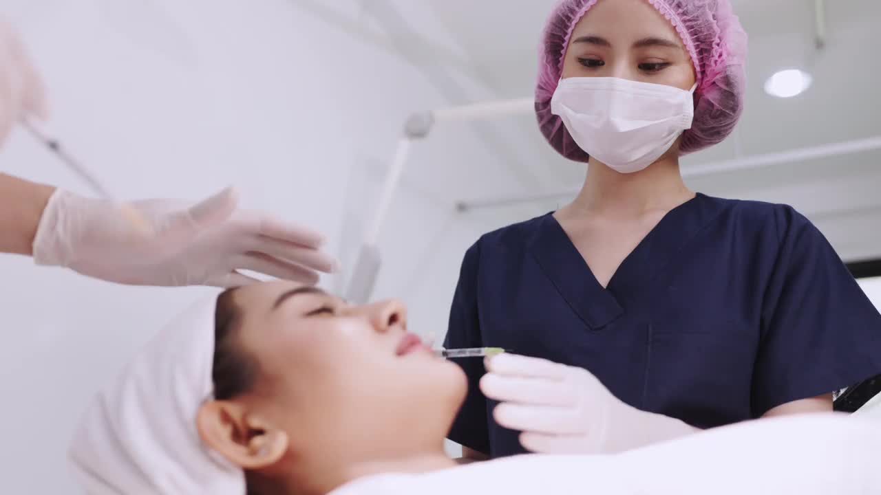 亚洲女性美容师注射血浆到她的病人在PRP吸血鬼面部拉皮。视频素材