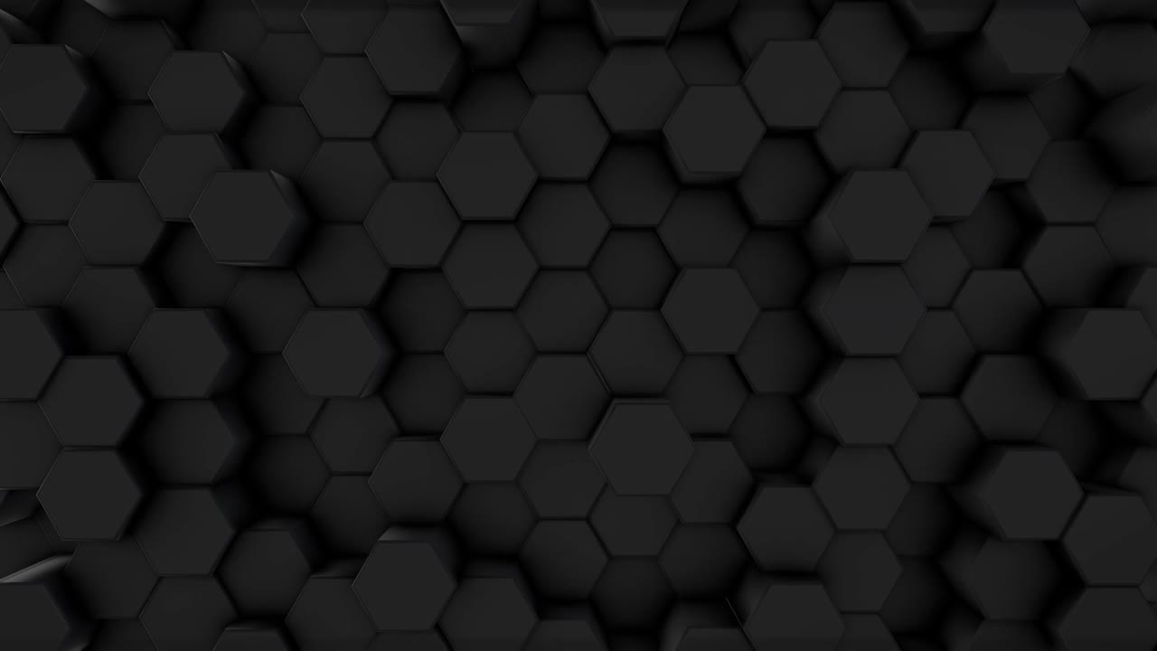 黑色的未来主义六边形棱镜，蜂房，六个，运动在一个极简主义的背景。设计和技术的概念。3 d动画。网格。俯视图视频素材