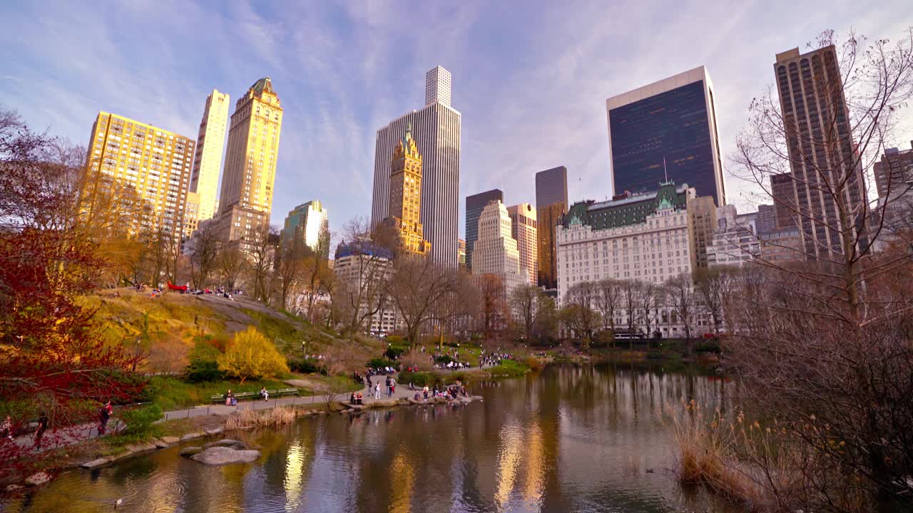 从中央公园看曼哈顿大厦的标志性景观。视频素材