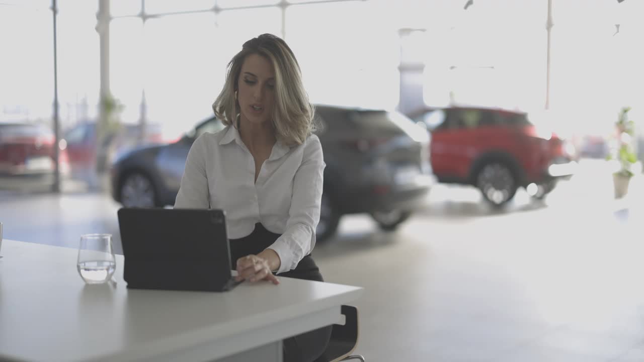 年轻优雅的销售女士坐在汽车经销沙龙和使用平板电脑视频下载