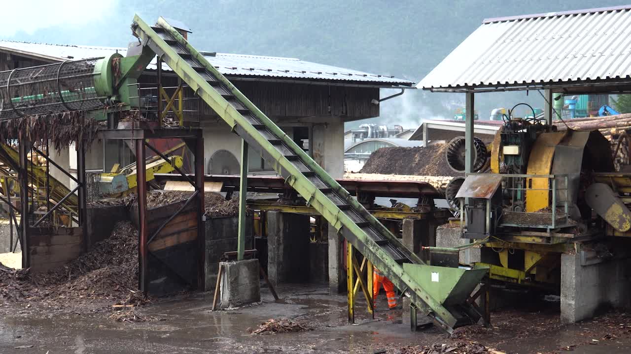 锯木厂。木工加工工厂。暴乱的结果，自然因素，飓风。户外Slowenia视频素材