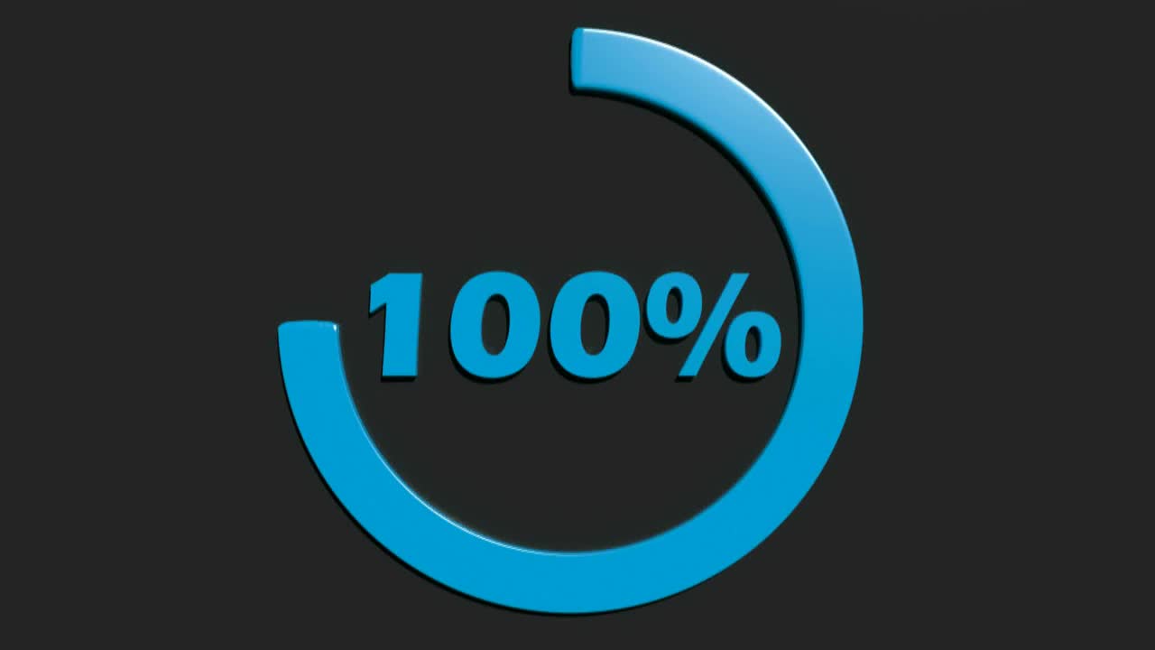 蓝色100%旋转圆形标志在黑色背景- 3D渲染视频剪辑动画视频素材