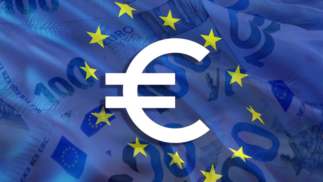 欧元区货币符号概念。金融欧元、纸币和商业货币投资利润欧洲经济概念。购物时使用的欧洲货币纸币。欧洲欧元现金。100欧元纸币。视频下载