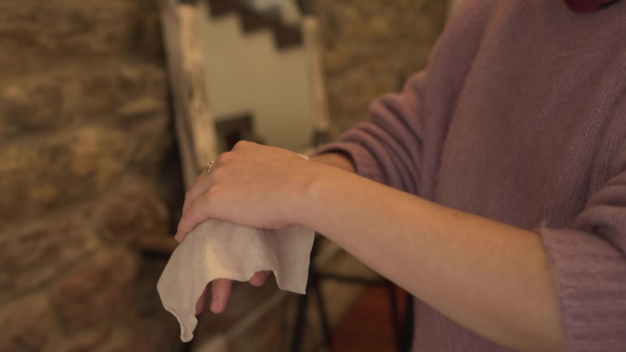 年轻女性用湿纸巾洗手的特写。视频下载