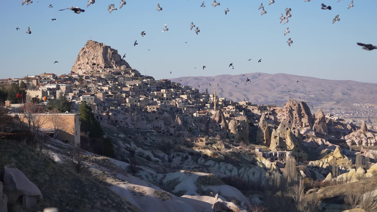 一群鸽子飞过乌奇萨卡帕多西亚视频素材