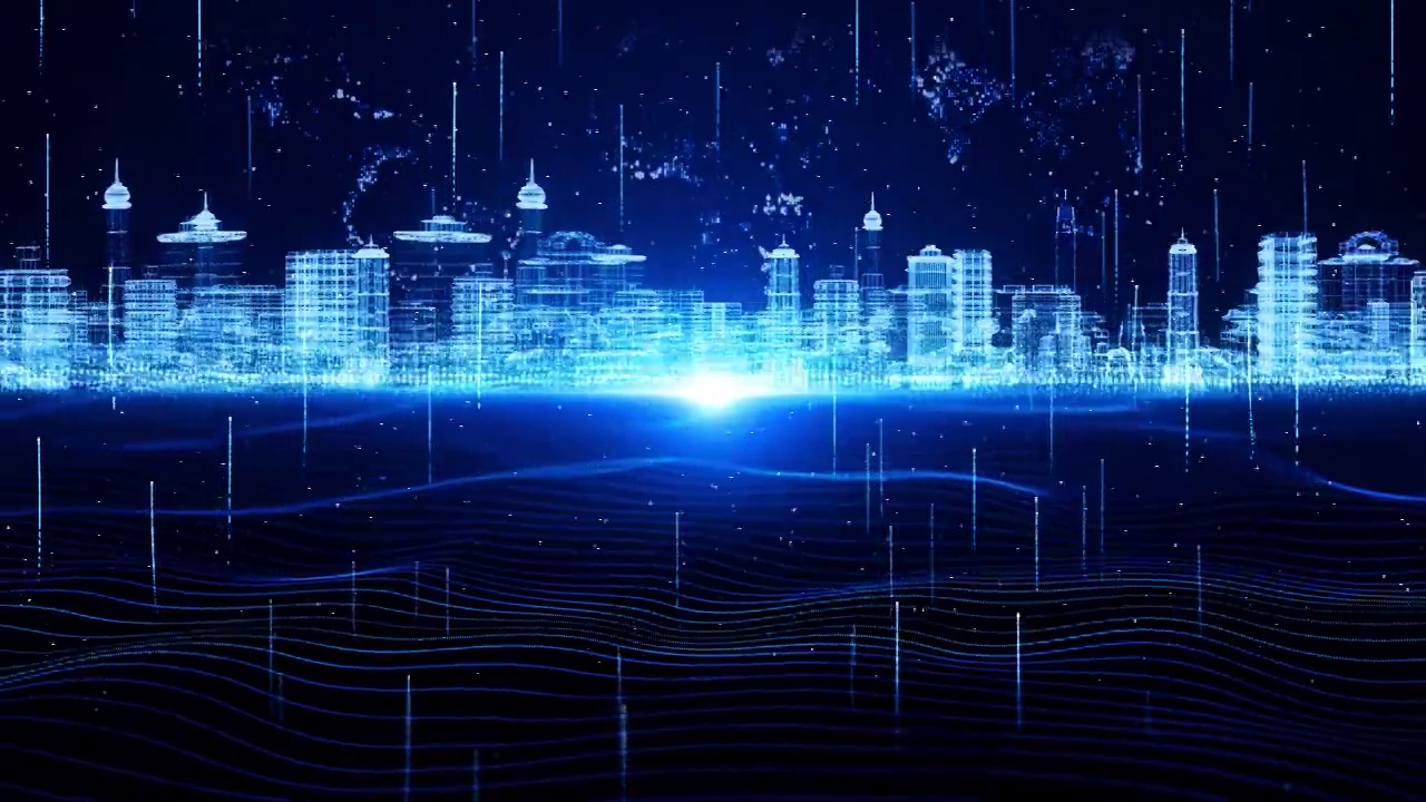 3D数字城市线框由亮蓝和白色的粒子环背景组成。视频素材