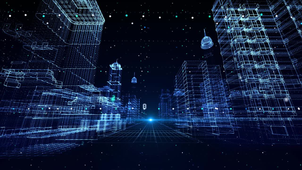 全息3d循环科幻虚拟城市与许多水晶建筑循环背景。视频素材