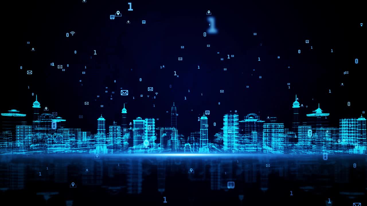 3D数字网络智慧城市的网络安全数字数据的未来和技术环背景。视频素材
