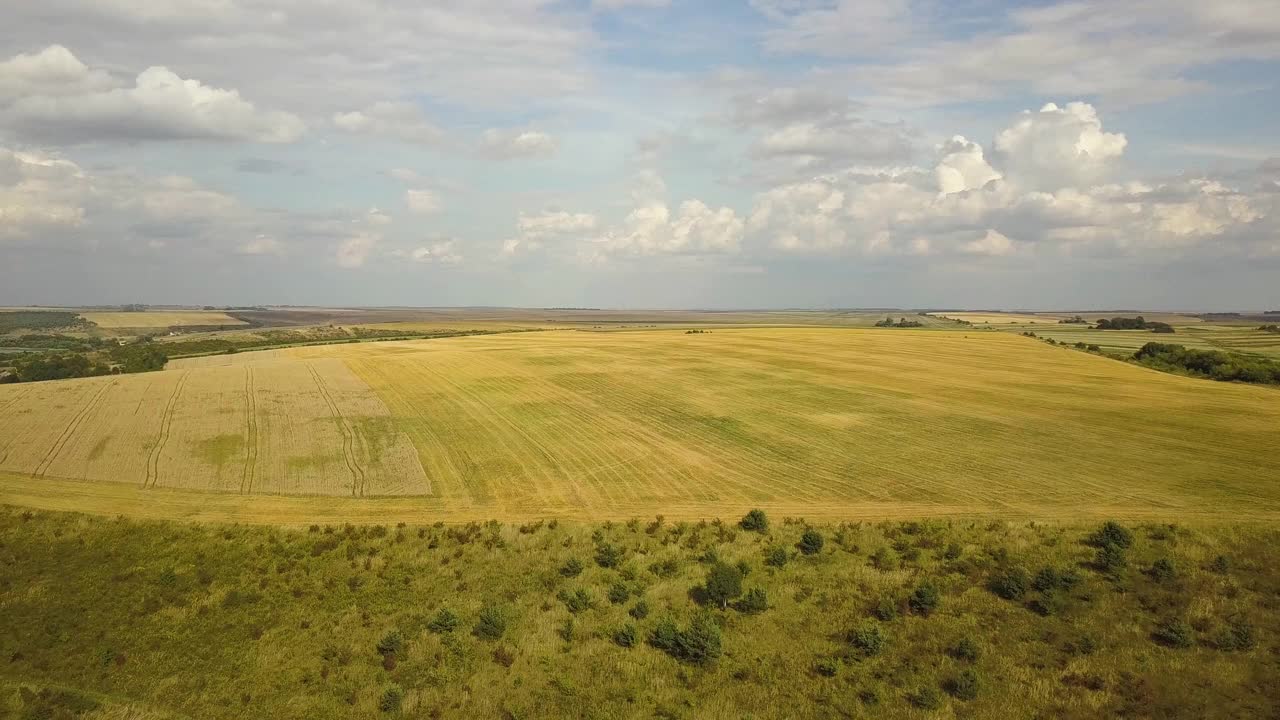 空中的乡村景观，点缀着黄色的农田和蓝天白云。视频素材