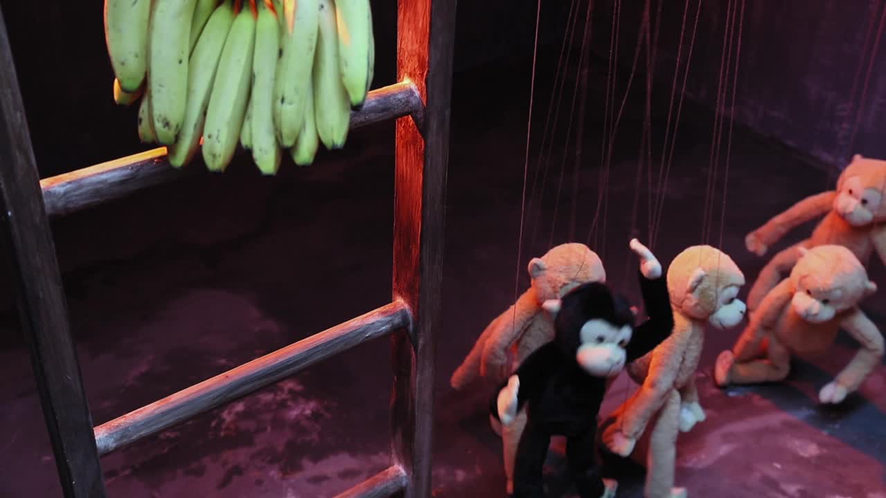 中等镜头的猴子木偶跳舞和试图抓住香蕉挂在木偶戏视频下载