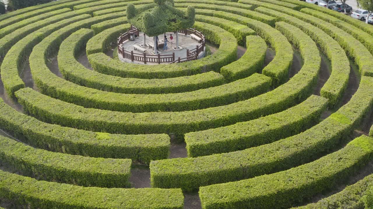 鸟瞰图的圆形花园迷宫和绿色亭子视频素材