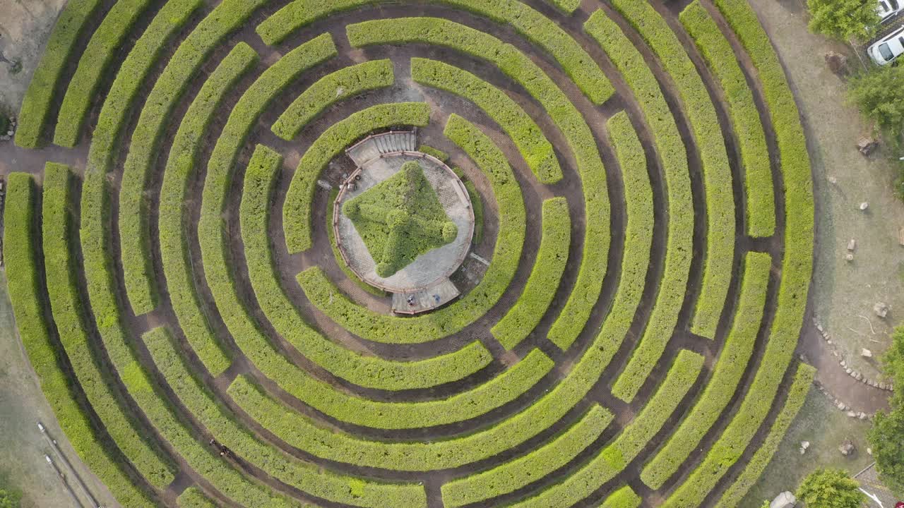 鸟瞰图的圆形花园迷宫和绿色亭子视频下载